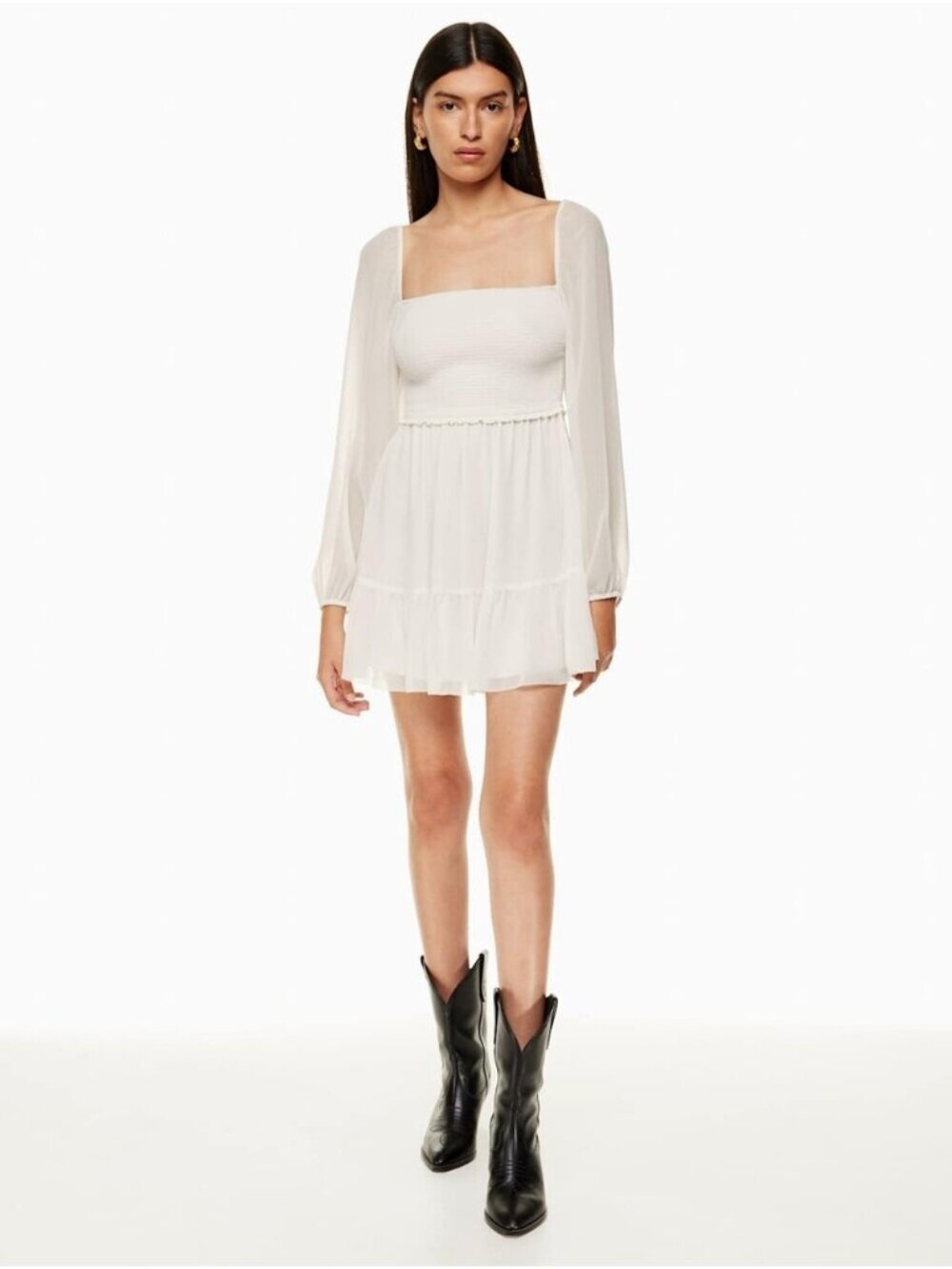 Aritzia Tempest Mini Dress Smocked chiffon mini dress White